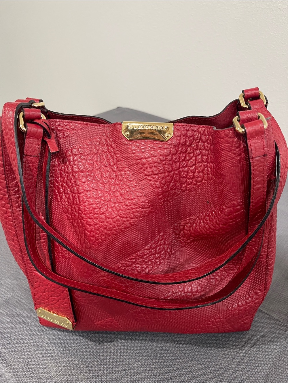 Burberry Canterbury Red Embossed Leather Shoulder Tote Bag with Gold Hardware